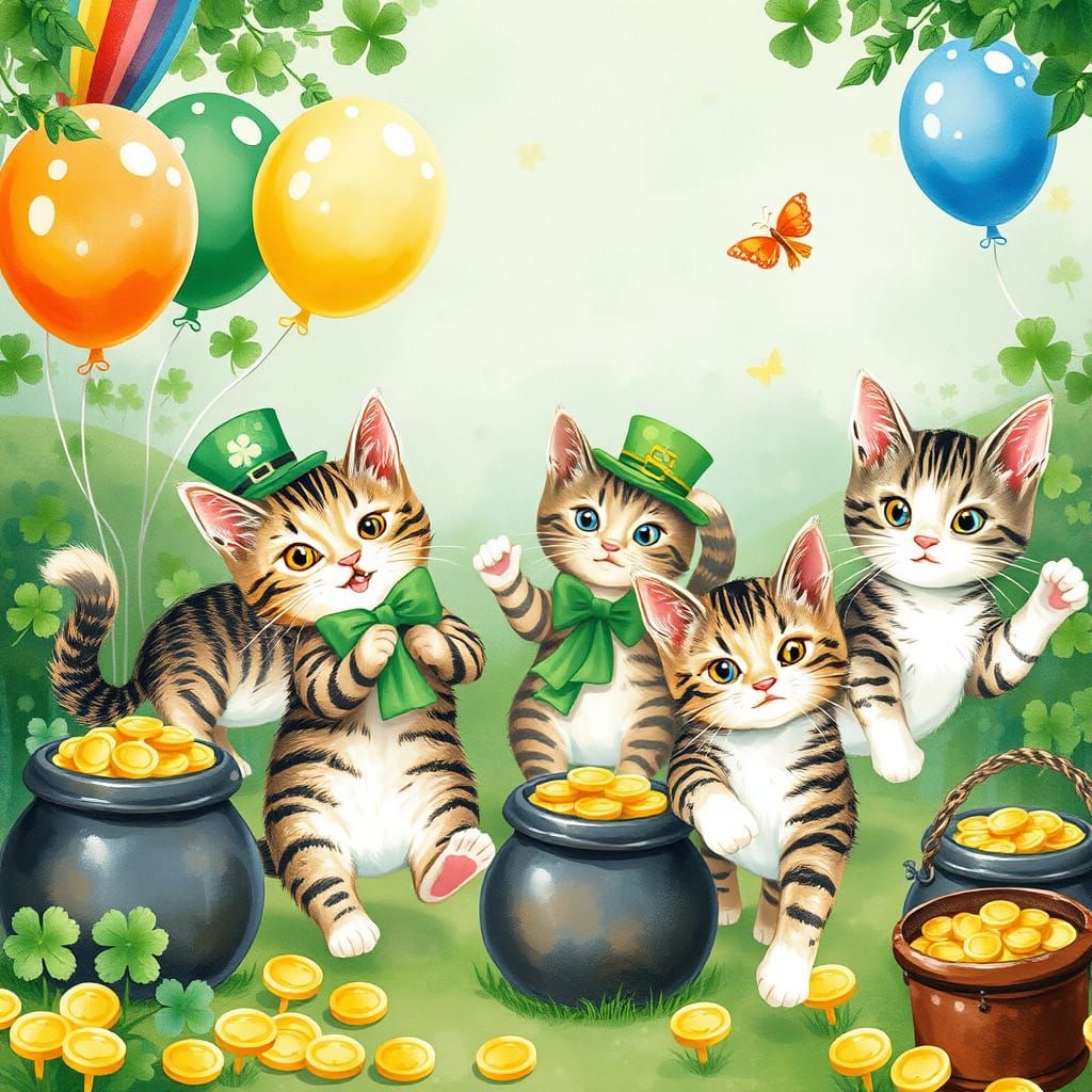 Whimsical Tabby Cats Celebrate St. Patrick's Day in Watercol...