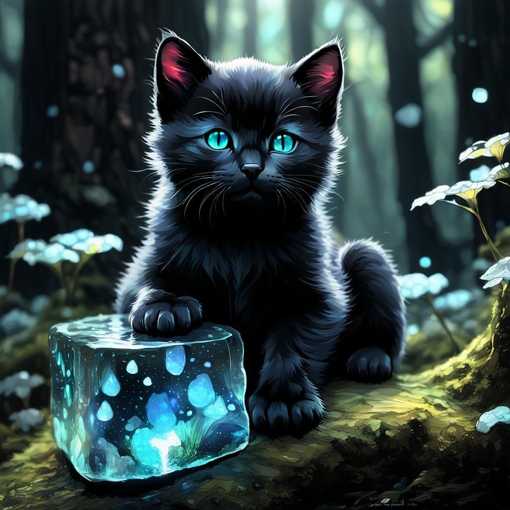 Stained Glass Black Cat in Enchanted Forest