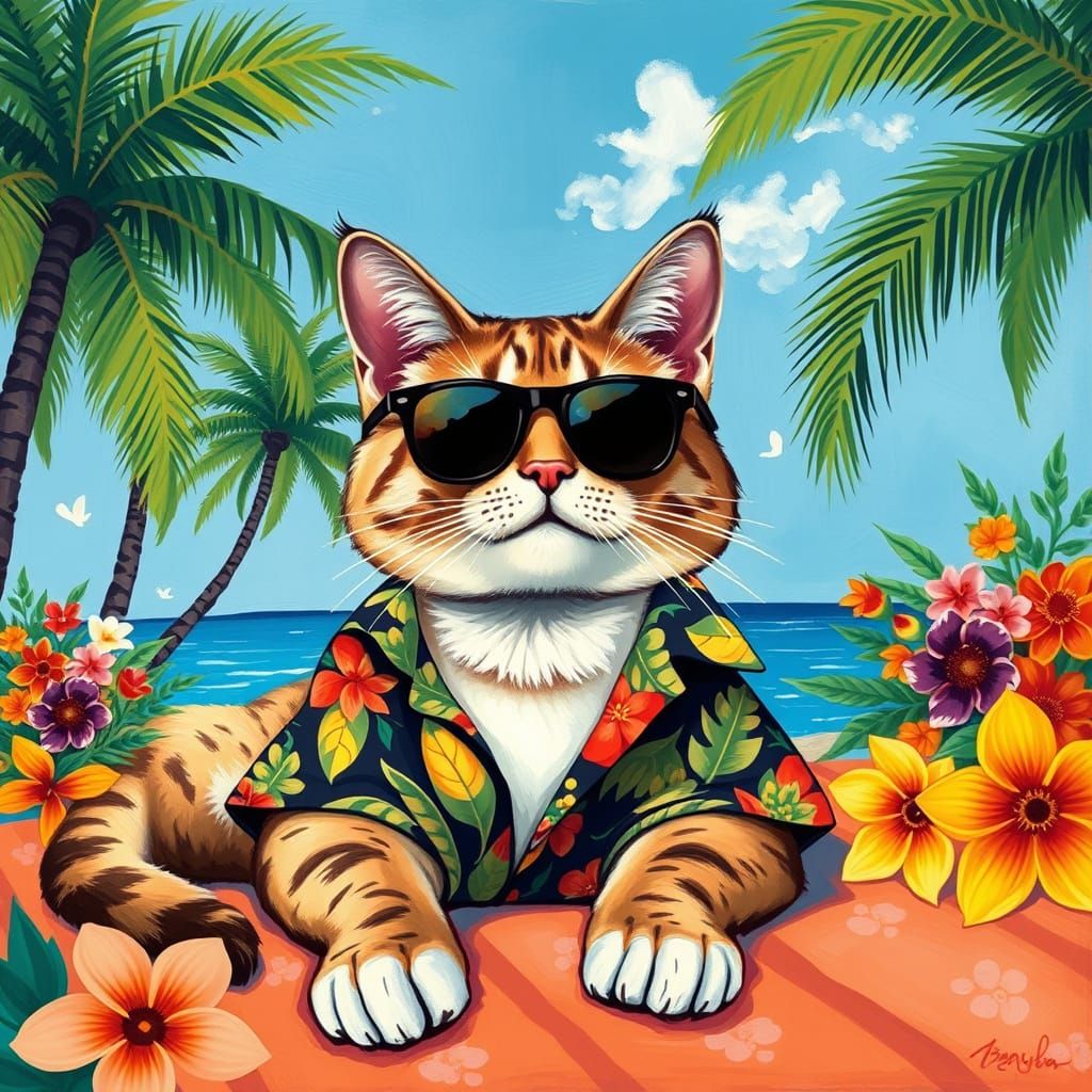 Cat in Hawaiian Shirt on Beach in Matisse & Monet Style