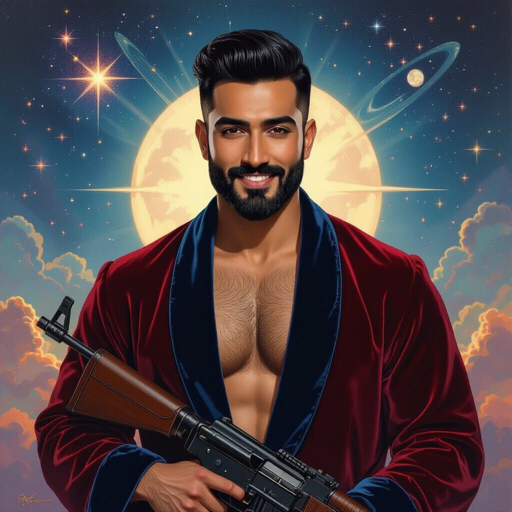 Handsome Man in Velvet Robe with Machine Gun
