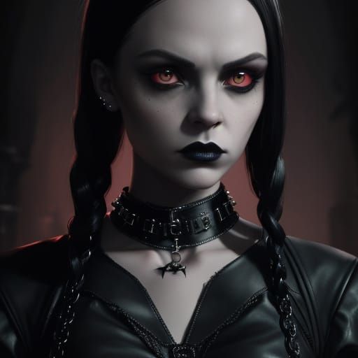 Dark Academia Gothic Portrait of Wednesday Addams in Studded...