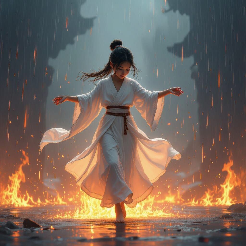 Ethereal Godkin Girl Dancing in Flaming Rain