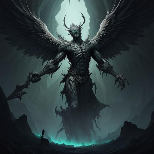 Grotesque Angel Looms in Dark Chamber