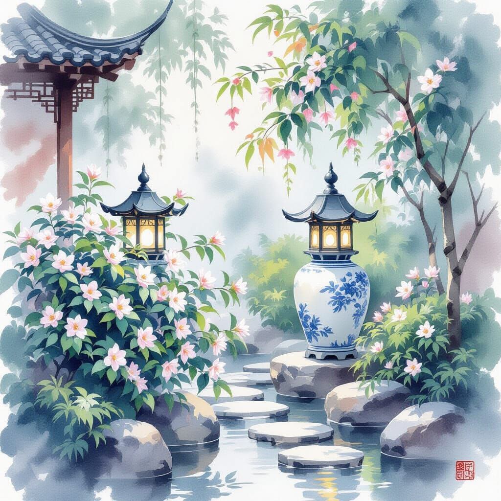 Chinese Garden Lantern with Jasmine in Wet Watercolor Style