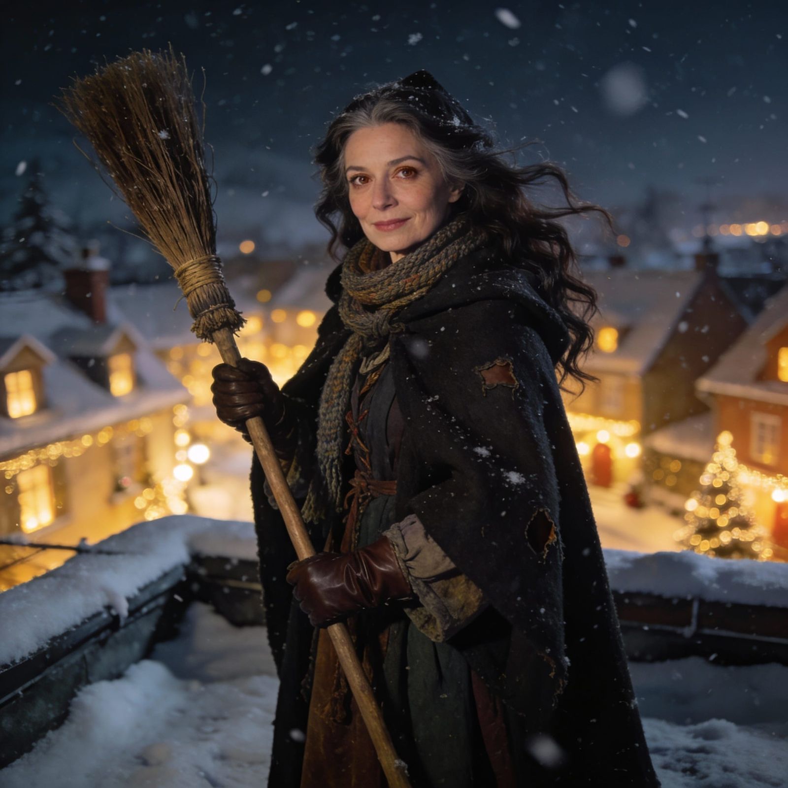 Elegant Befana on Snowy Rooftop at Night