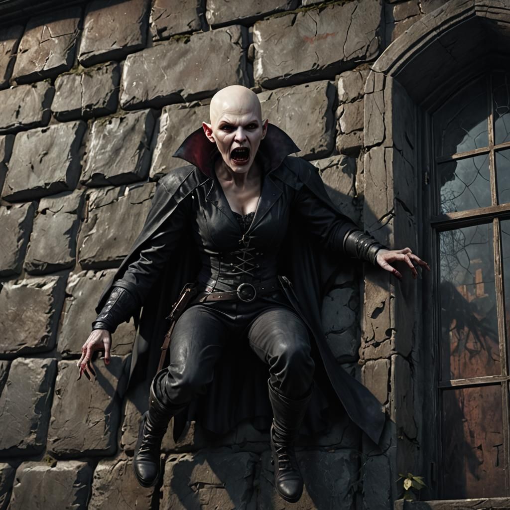 Bald Vampire Climbing Haunted House Wall in 3D
