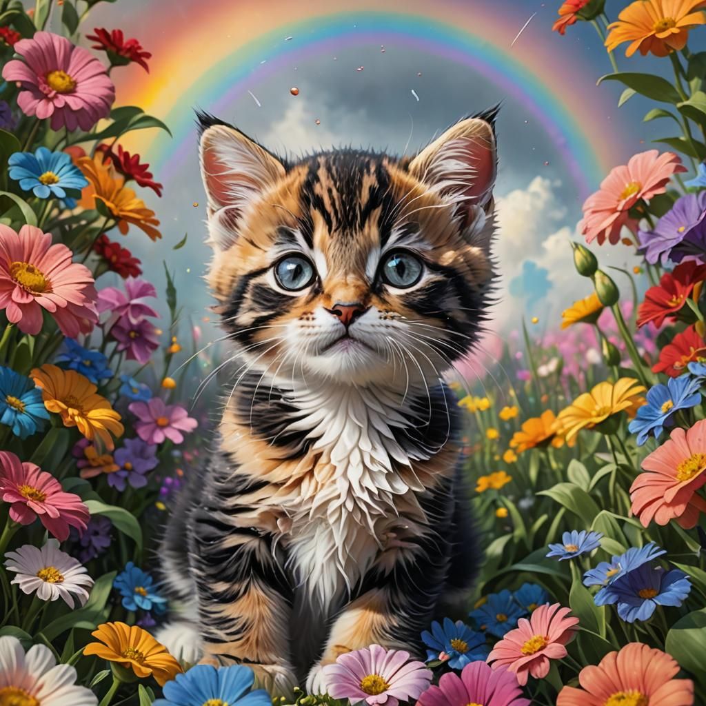 Cute Kitten Among Flowers and Rainbow