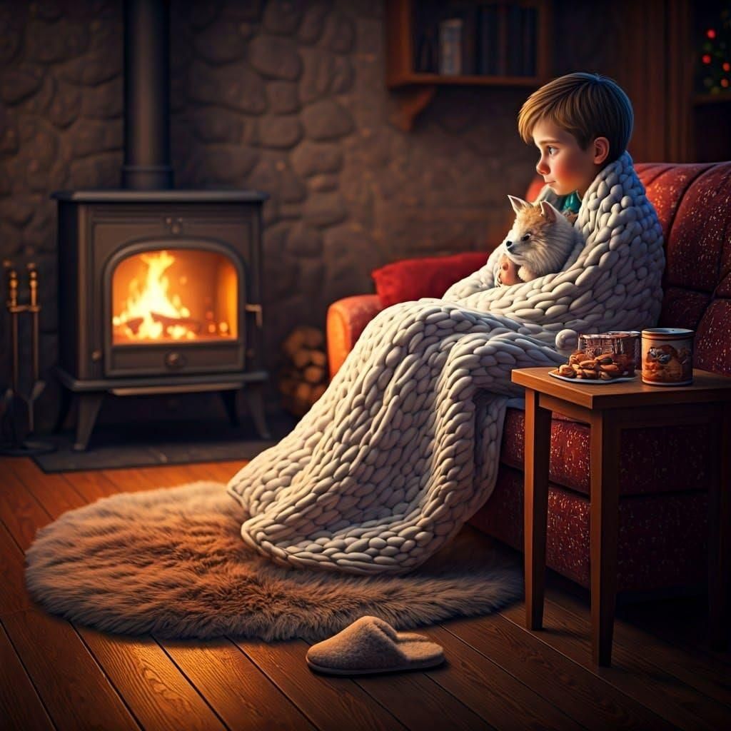 Boy and Cat Snuggle Up in Cozy Living Room