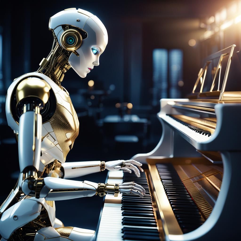 Elegant Robot Plays Piano: Hyper-Realistic Digital Art