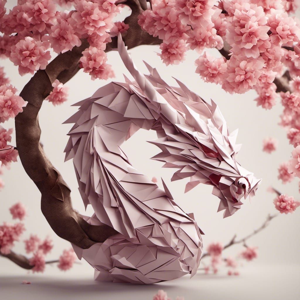 Dragon Embraces Cherry Tree in Origami Papercraft