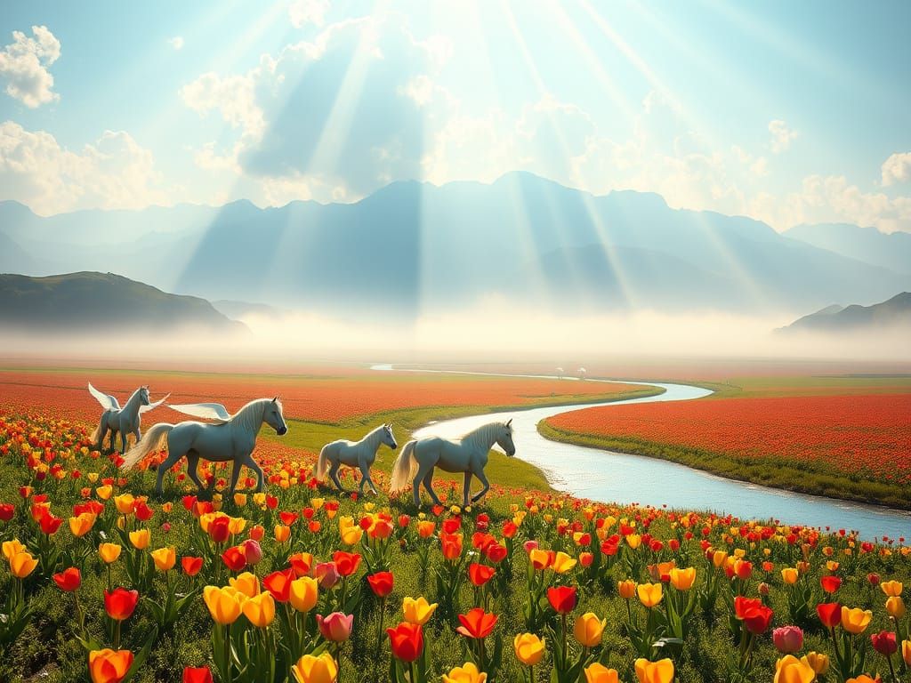 Ethereal Unicorns and Pegasus Grazing in Vibrant Tulip Field...