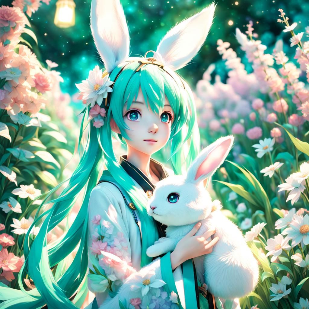 Hatsune Miku with Rabbit in 3D Anime Art
