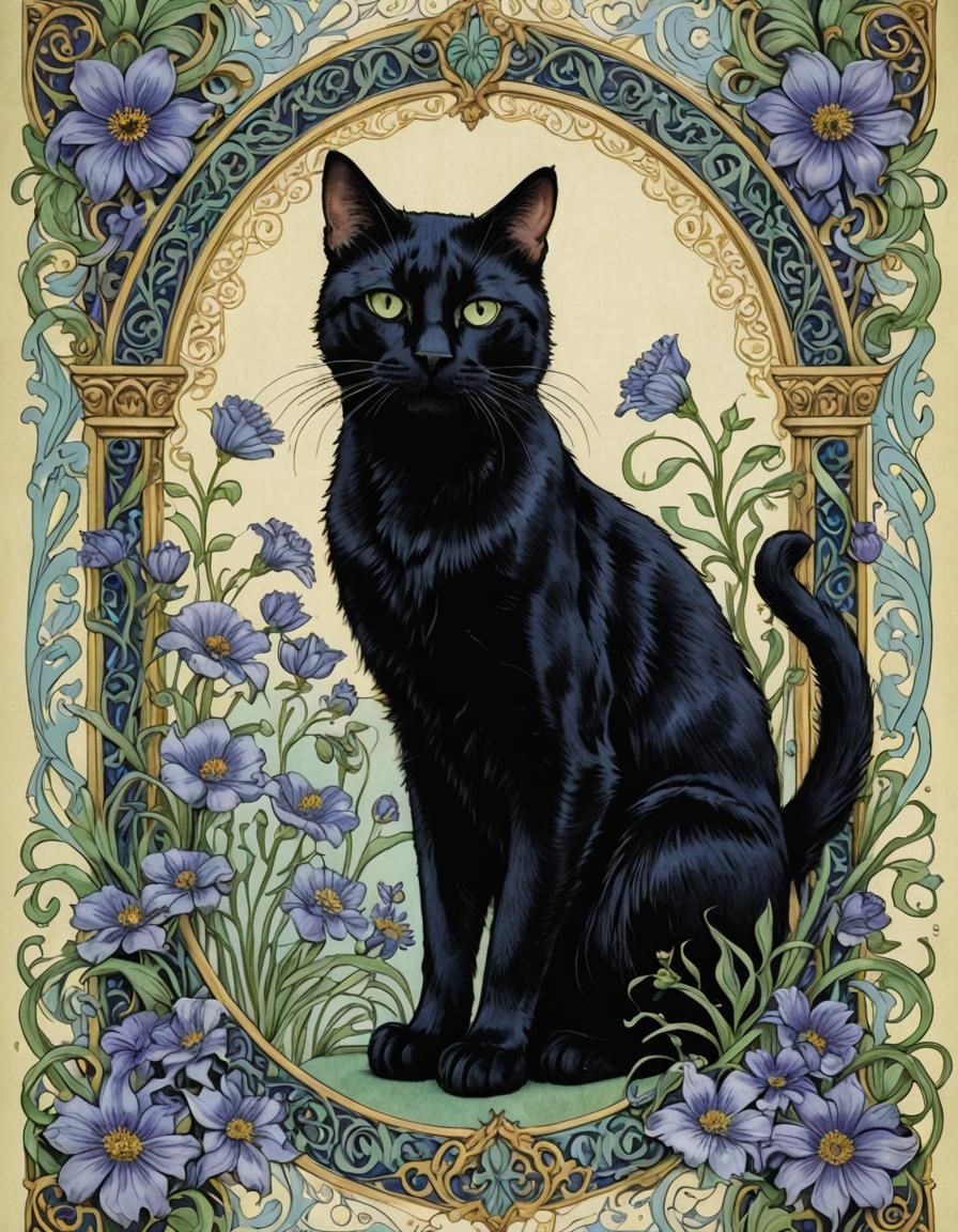 Ornate Art Nouveau Black Cat with Floral Border