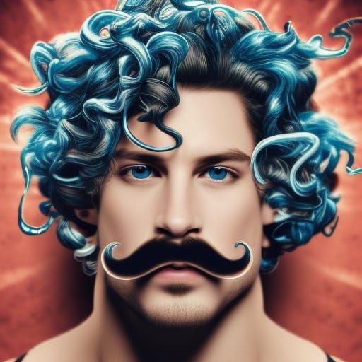 Curly guy with mustache and blue eyes masterpiece