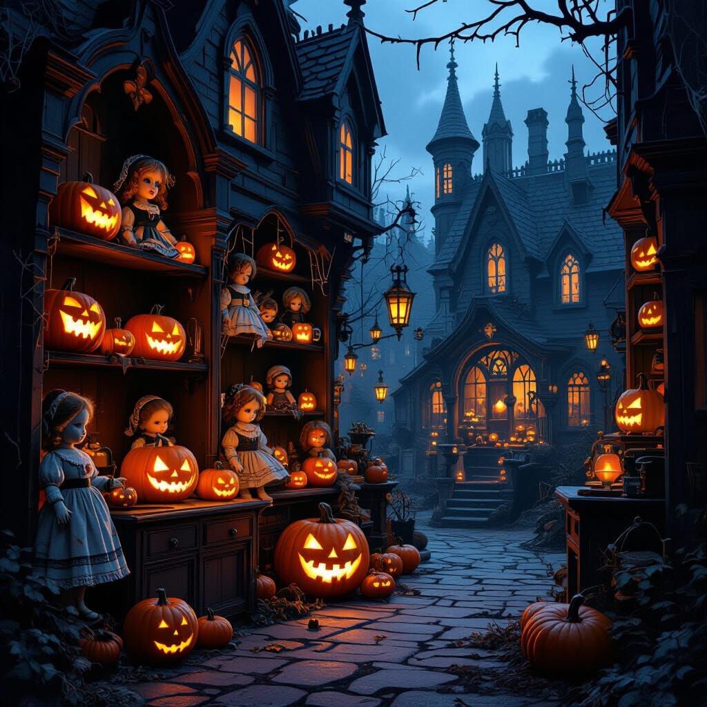 Eerie Toy Shop at Dusk in Fantasy Horror Style