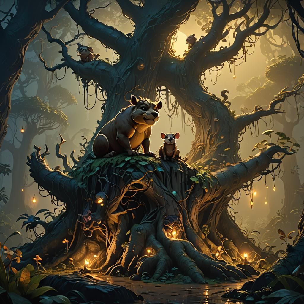 Timon and Pumba in Dark Fantasy Jungle Art