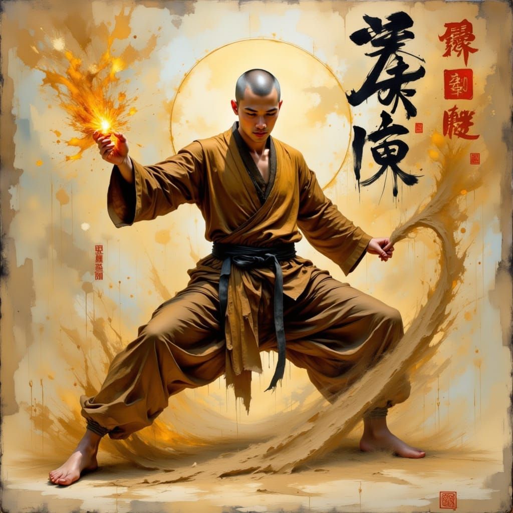 Martial Artist Dissolving into Sand with Asian Calligraphy