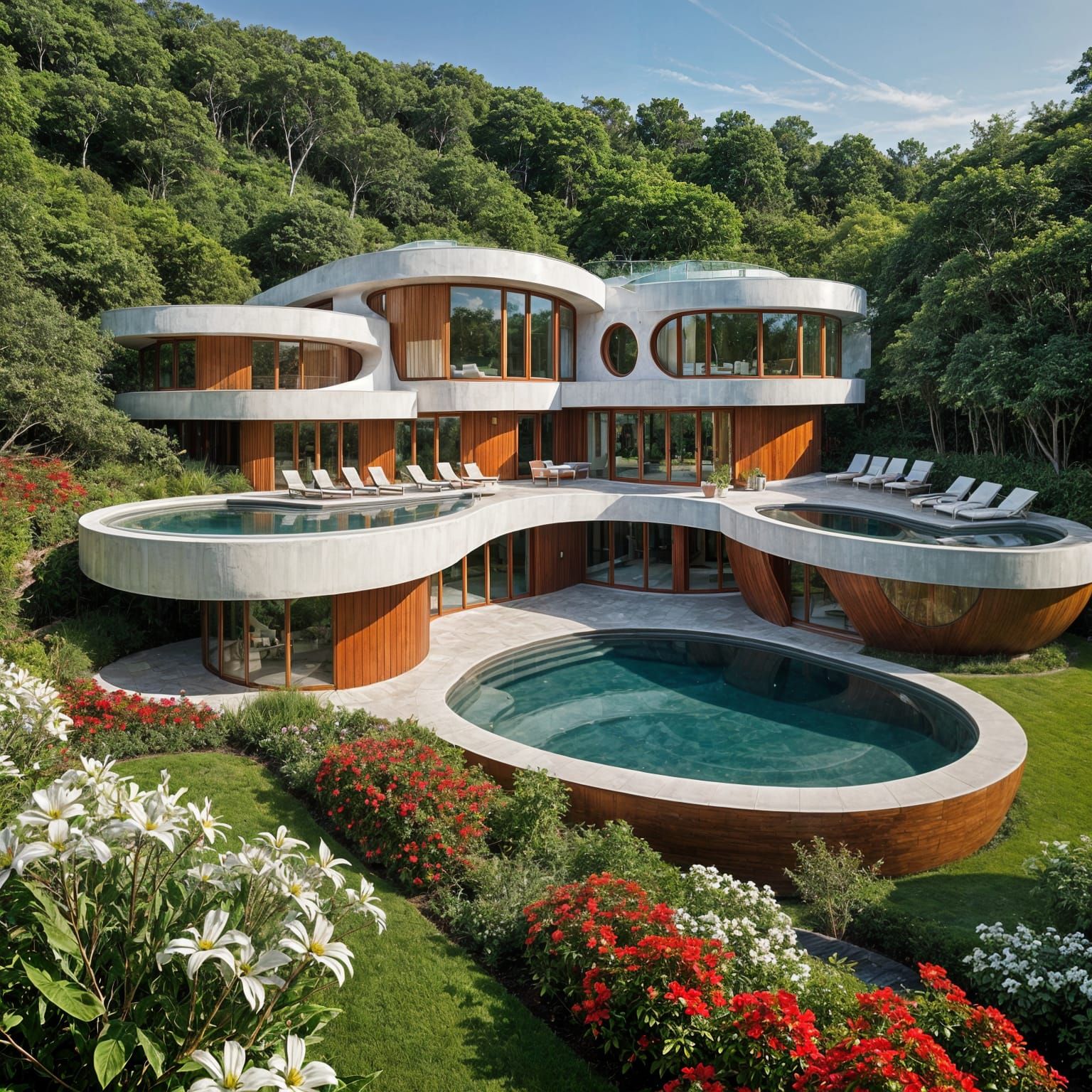 Gigantic Glass Mansion with Red Facade and Tropical Oasis