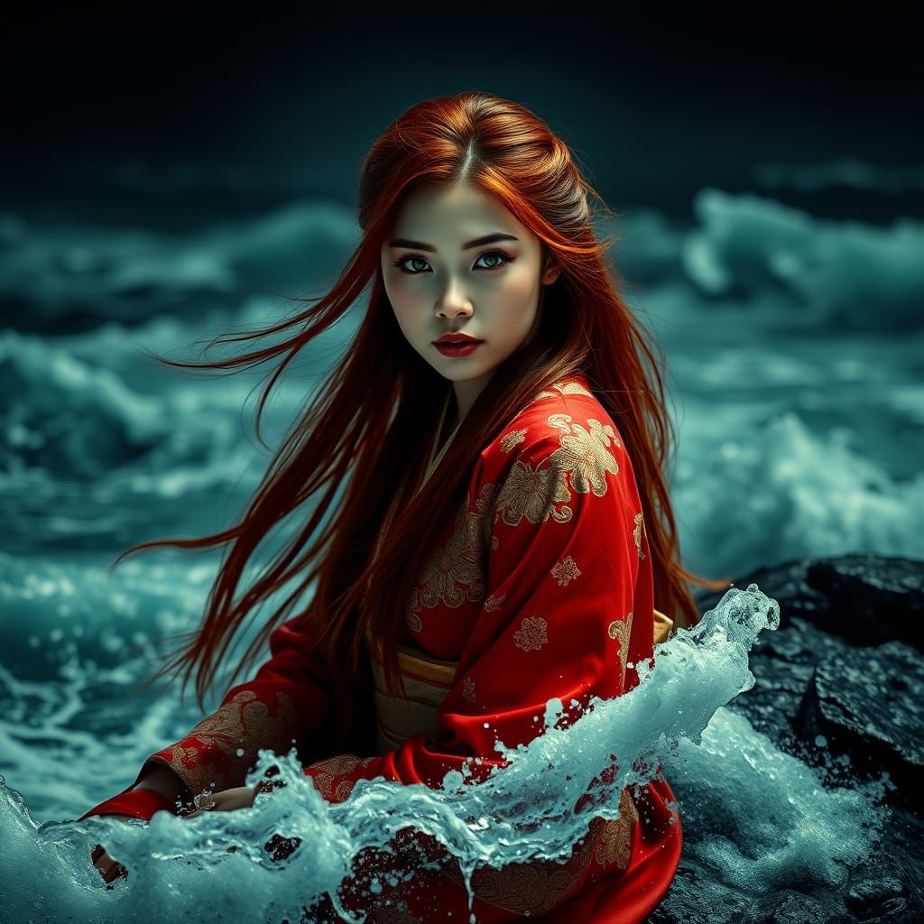 Mysterious Chinese Woman in Stormy Seas at Night