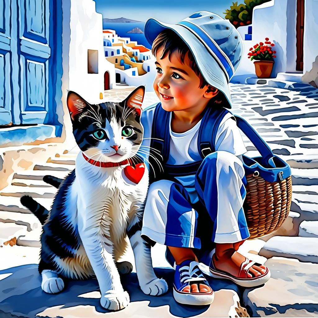 Child and Cat Embrace in Santorini Watercolor