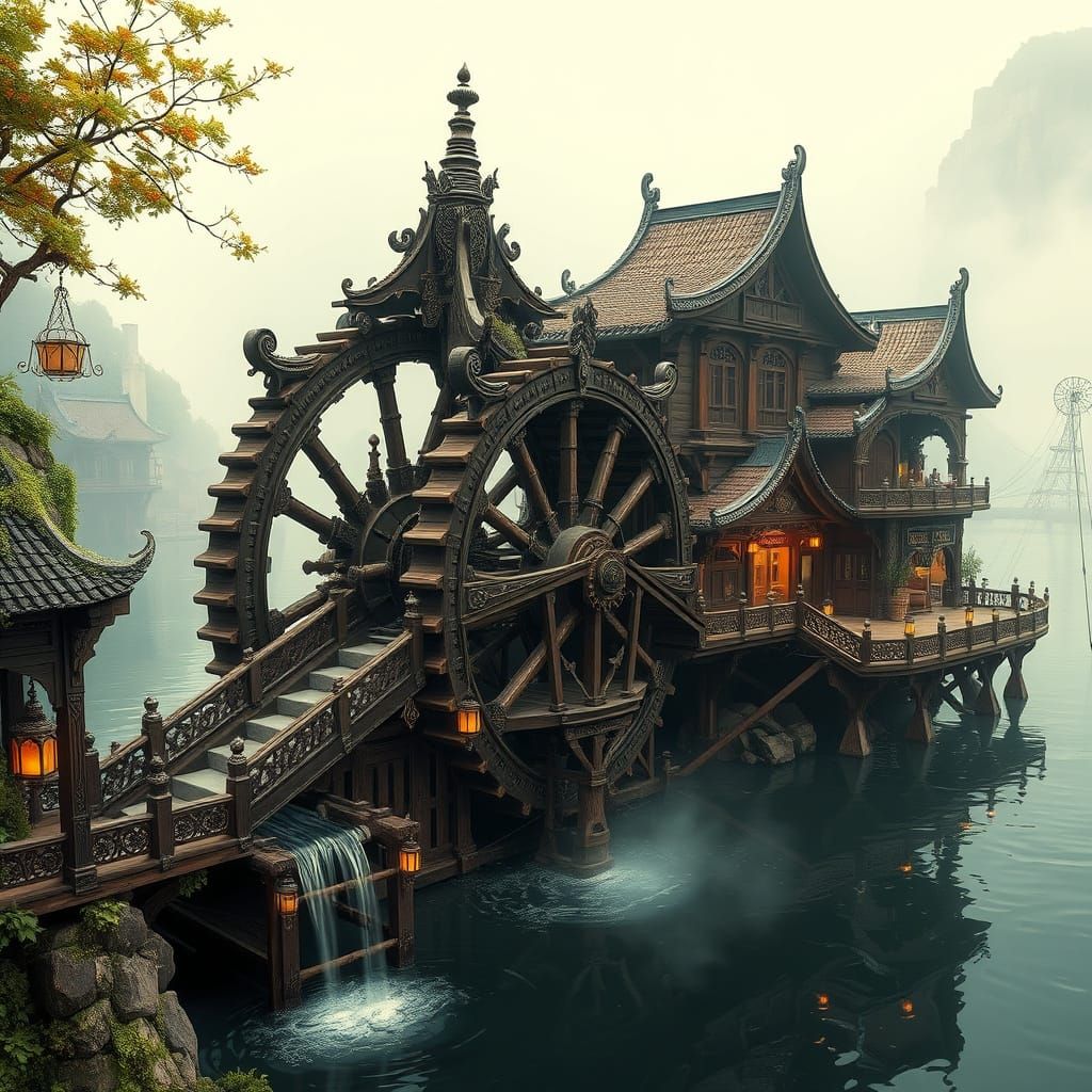 Majestic Waterwheel Powers Floating Village Amidst Serene La...
