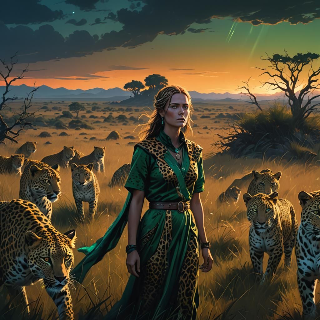 Leopard Queen in Dark Fantasy Grassland