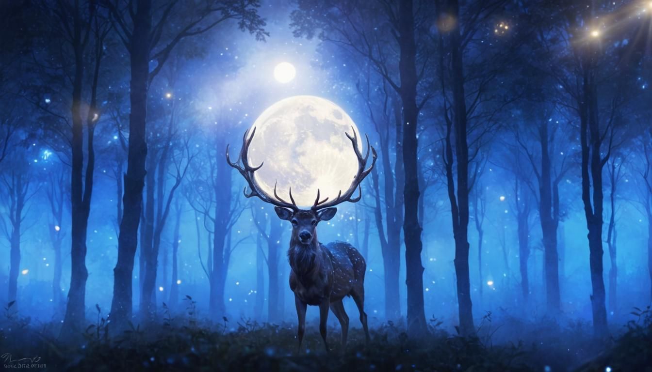 Mystical Deer with Moon Antlers in Ethereal Forest