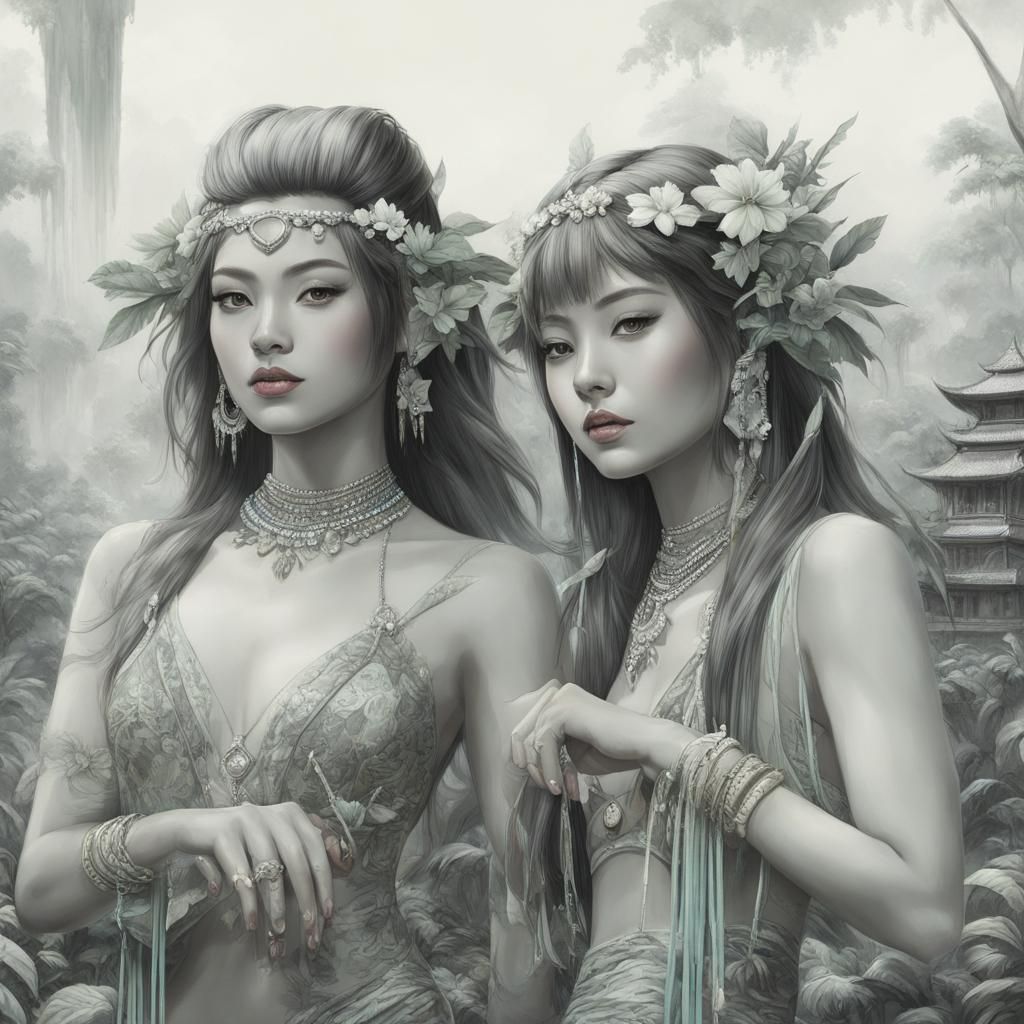 Asian Woman in Rainforest, Digital Art Portrait