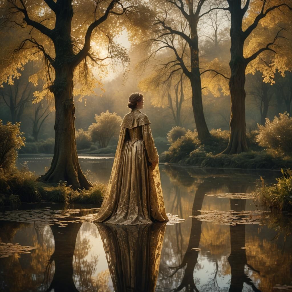 Baroque Woman Reflecting in Pond, Digital Painting