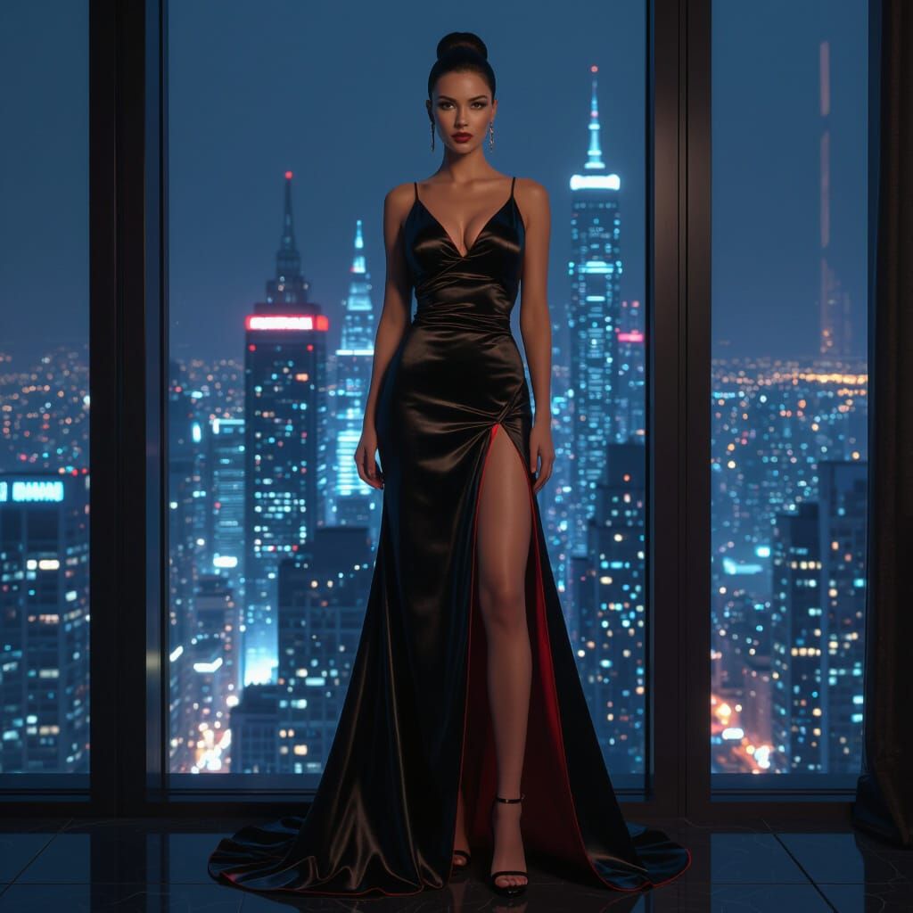 Woman in Gown with Cyberpunk Cityscape
