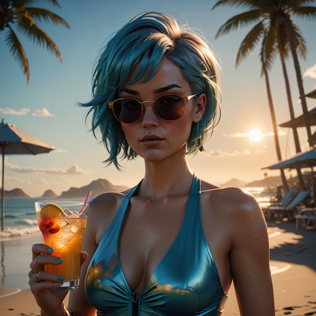 Bulma in Vibrant Beach Scene, Inspired by Syd Mead's Cinemat...