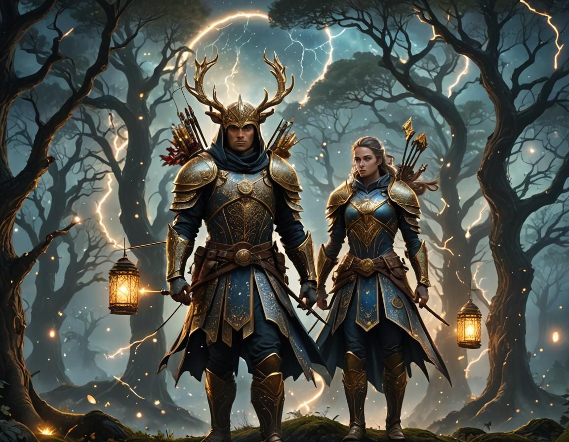 Mystical Archer in Zodiac Armor Amidst Luminous Forest