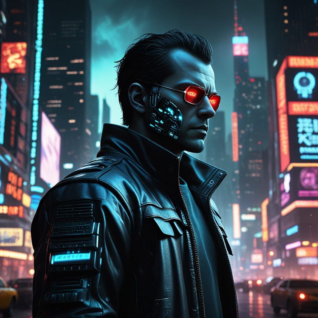 Cyberpunk Vigilante in Neon Cityscape at Night