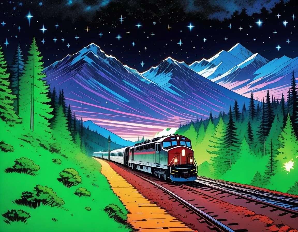 Red Train Through Evergreen Forest, Comic Book Art