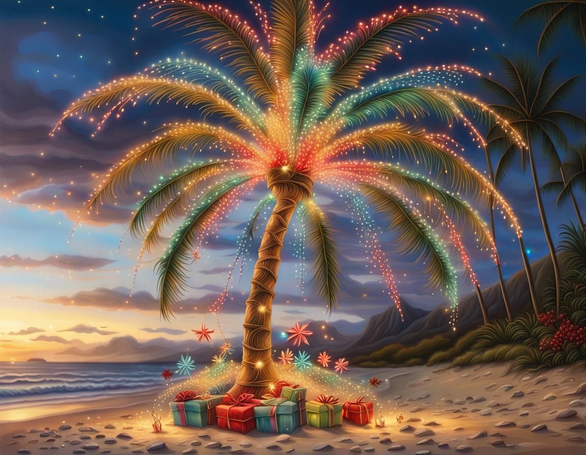 Christmas Palm Tree on Hawaii Beach at Sunset