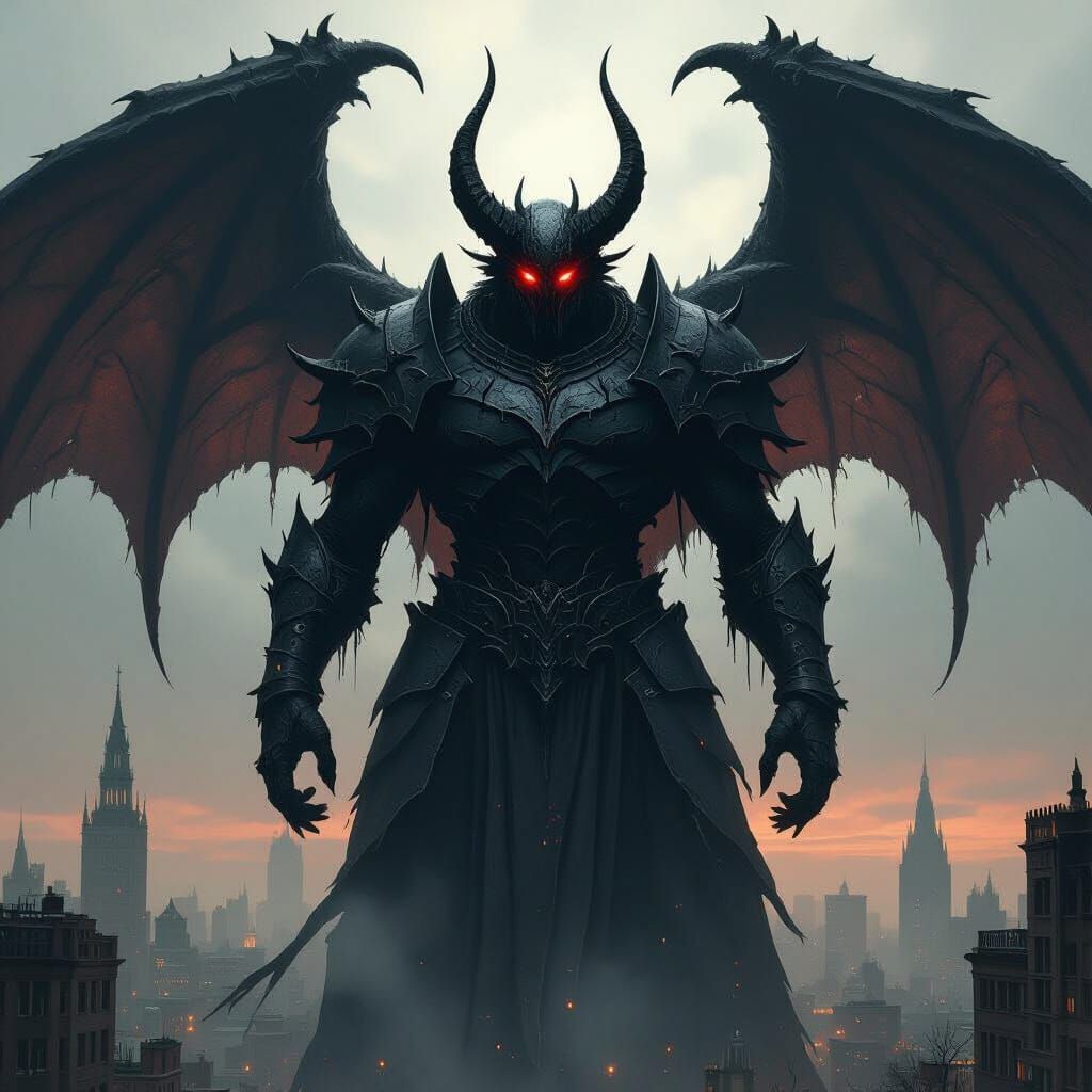 Colossal Demon Towers Over City in Gothic Dystopian Style