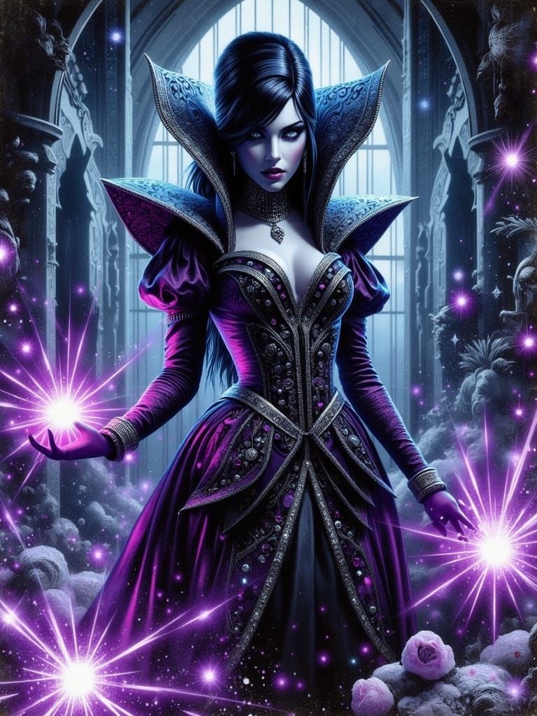 Dark Magic Queen in Purple Gown Casts Sinister Spell