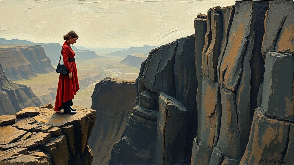 Contemplative Woman on Cliff in Impasto Style