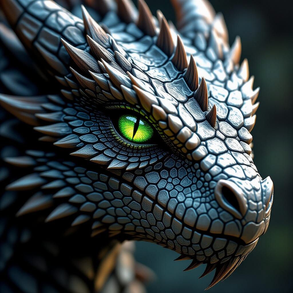 Close Up Dragon Head With Emerald Eye, Hyperrealistic Style