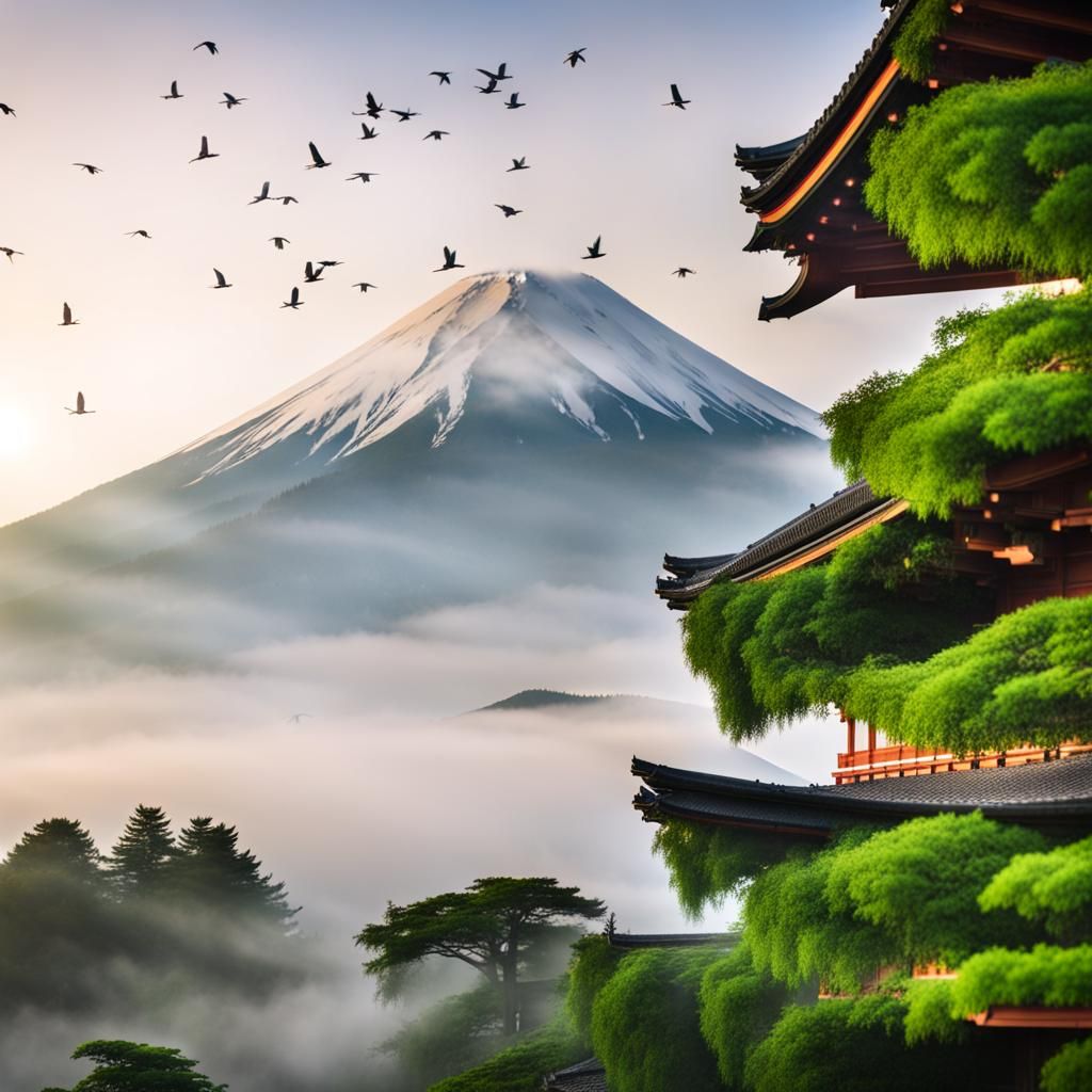 Shinto Shrine at Sunrise with Mount Fuji