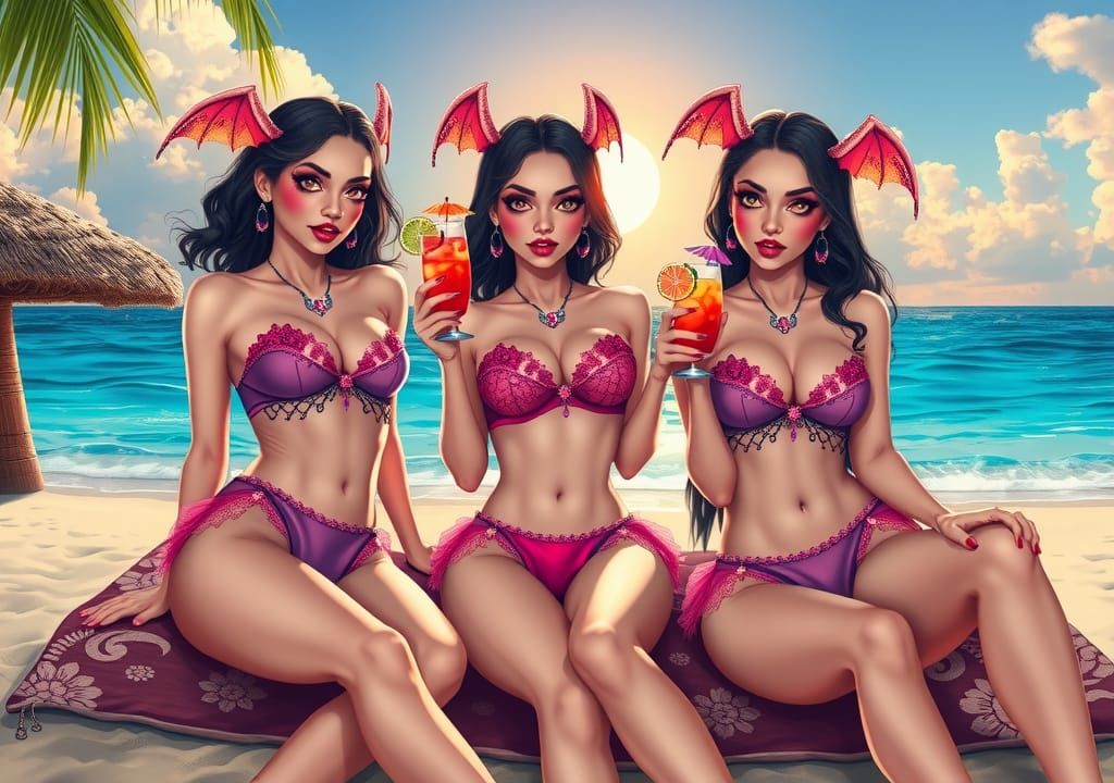 Vampires Lounging on Tropical Beach in Pastel Hues