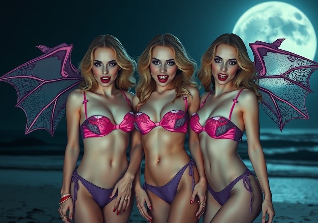 Vampires on Moonlit Beach in Sensual Futurism Style
