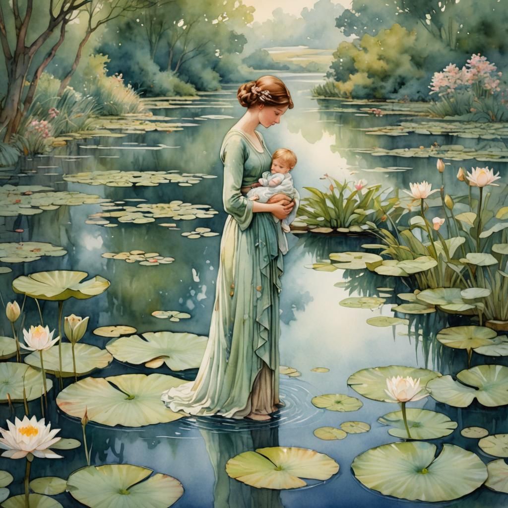 Art Nouveau Watercolor Mother and Child by Pond