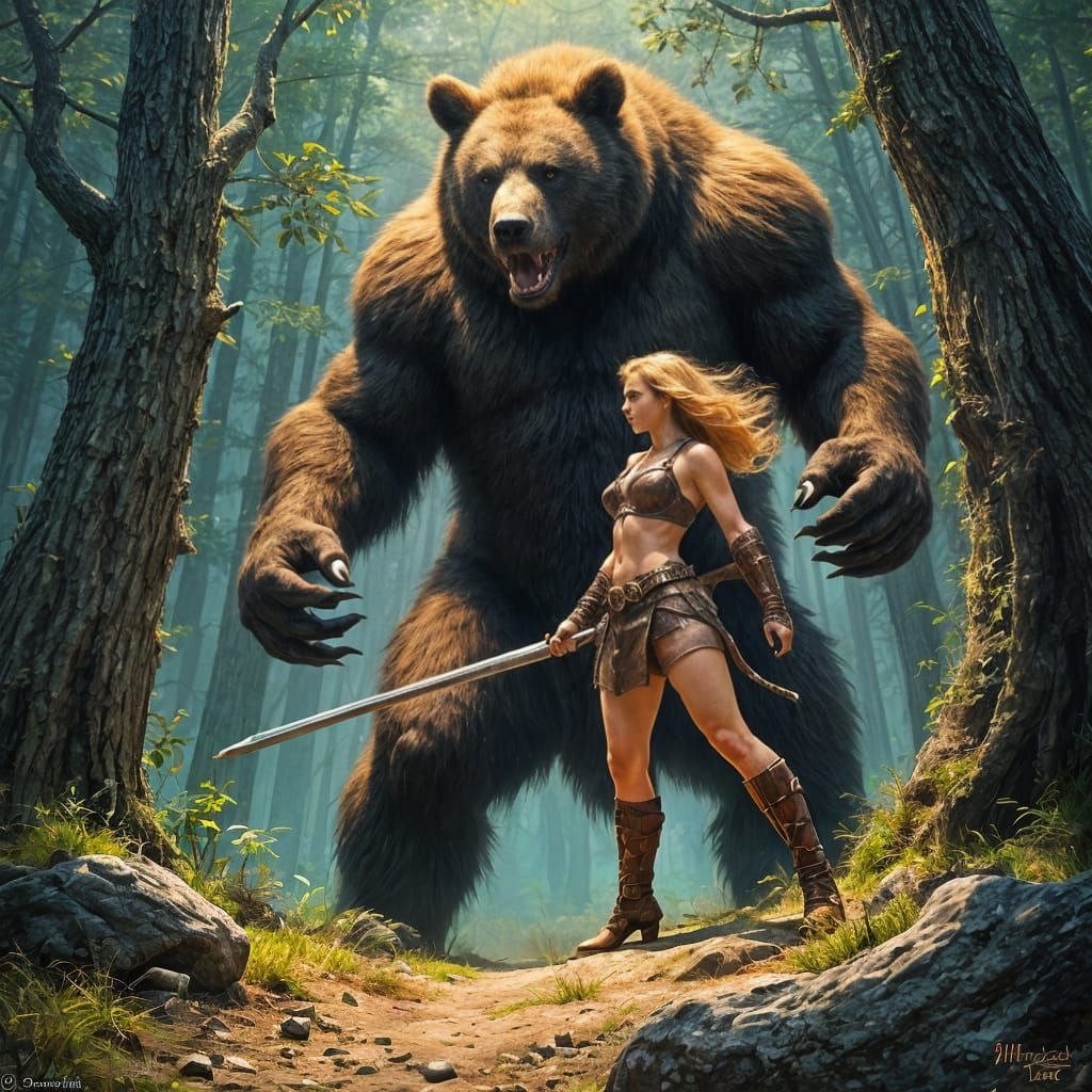 Warrior Woman vs Demon Bear Oil Painting