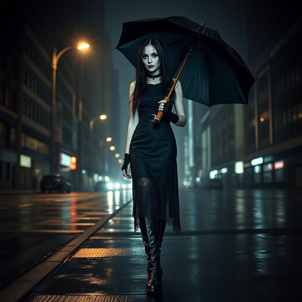 Goth Woman Walks Alone in Dark City at Night