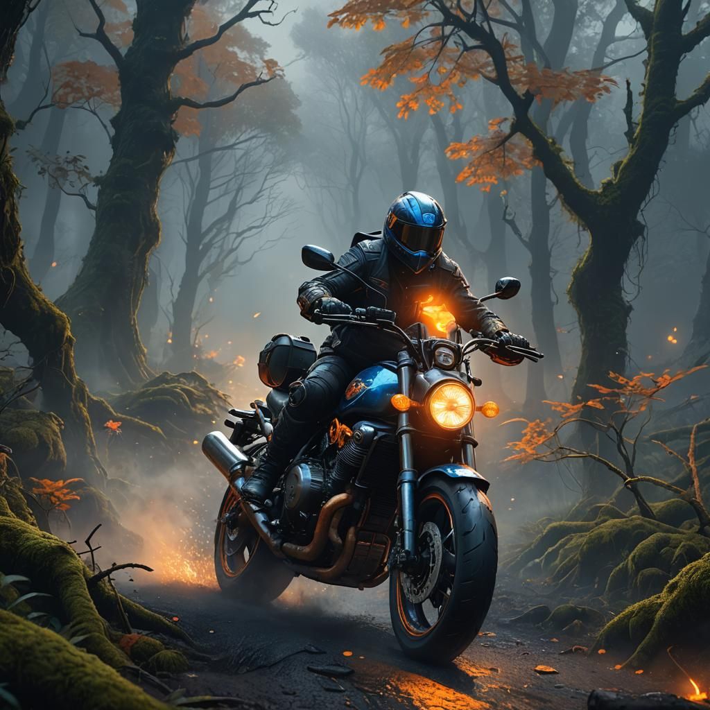 Aprilla Motorcycle in Misty Forest: Fantasy Concept Art