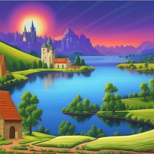 Dreamy Pastoral Landscape in Pop Art Style