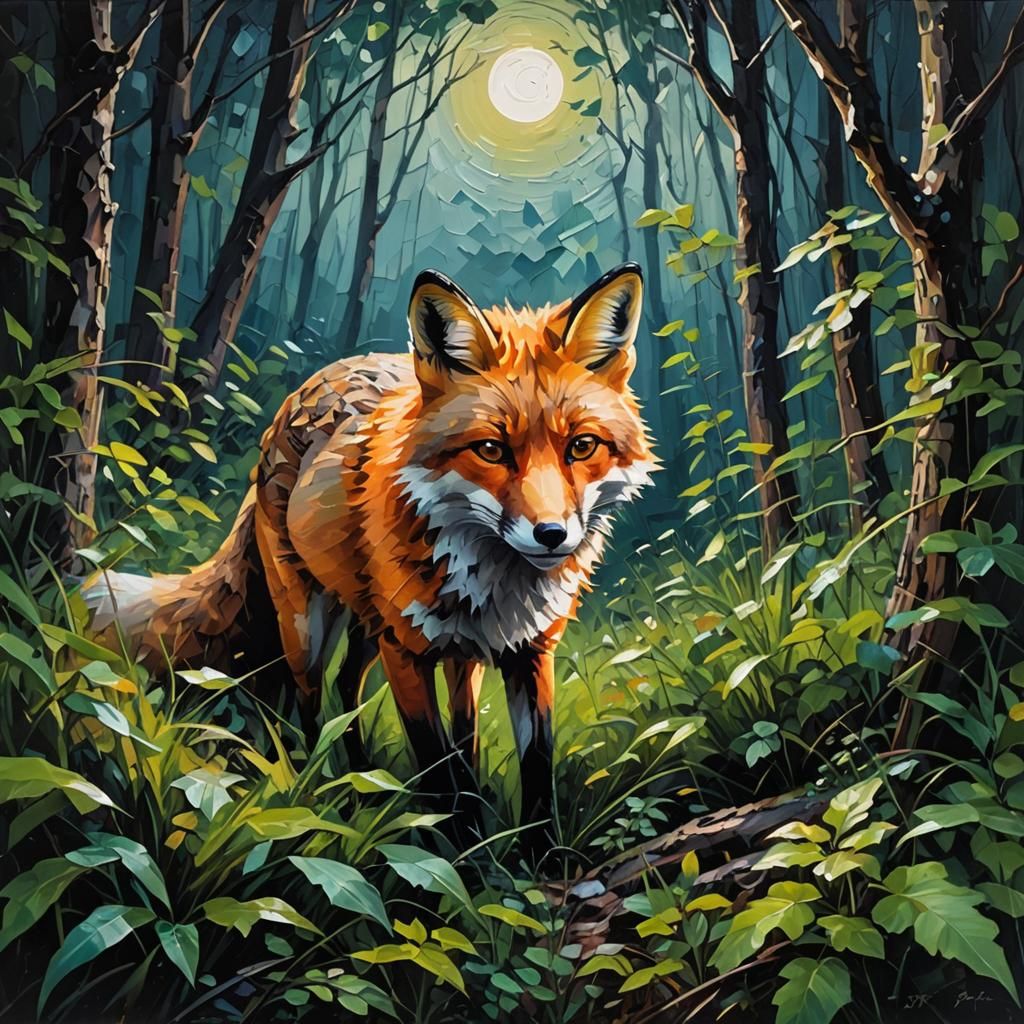 Cunning Fox in Moonlit Forest: Abstract Impasto Painting