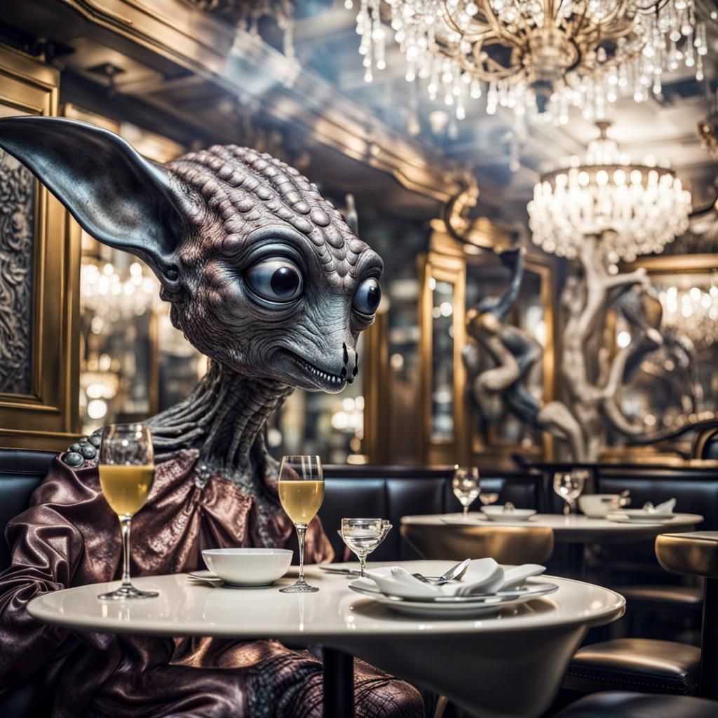 Surreal Restaurant Scene with Exotic Aliens