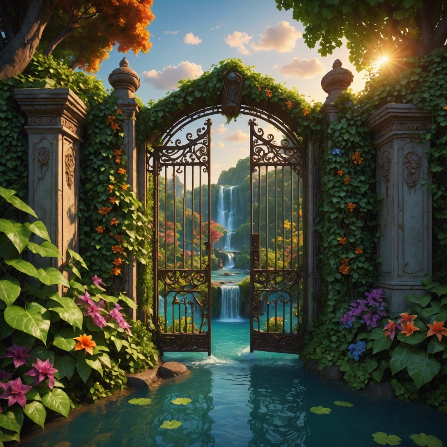 Lush Waterfall Lagoon at Sunset: Hyperdetailed Image